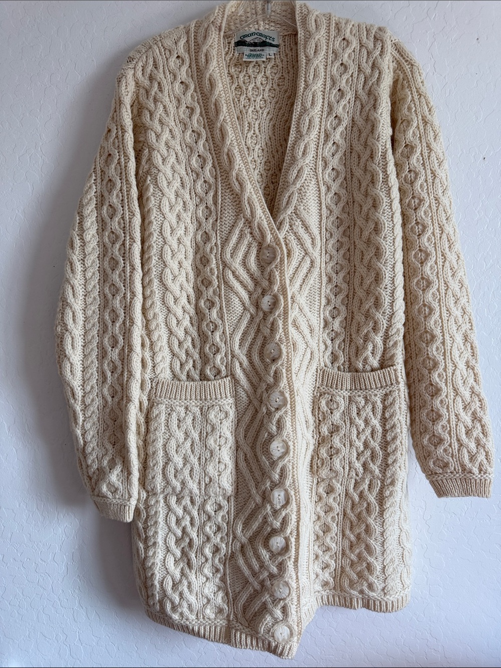 Aran Crafts Cable Knit wool Large Cardigan Cream Ireland Fisherman Outdoors